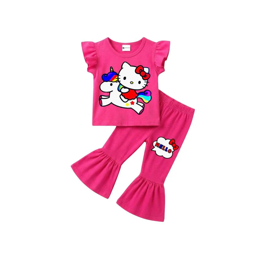 ( 1–7 Years)  Girls DTF Print Outfit – Soft Cotton Top & Flare Pant Set