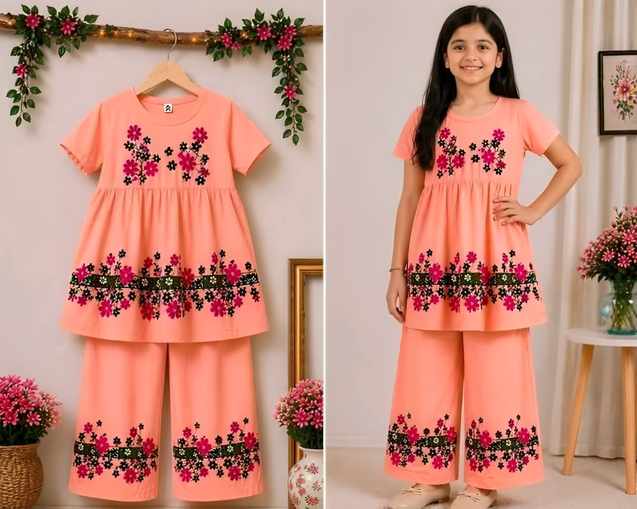 (3Y–12Y )  Girls Soft Printed Top & Pants Set